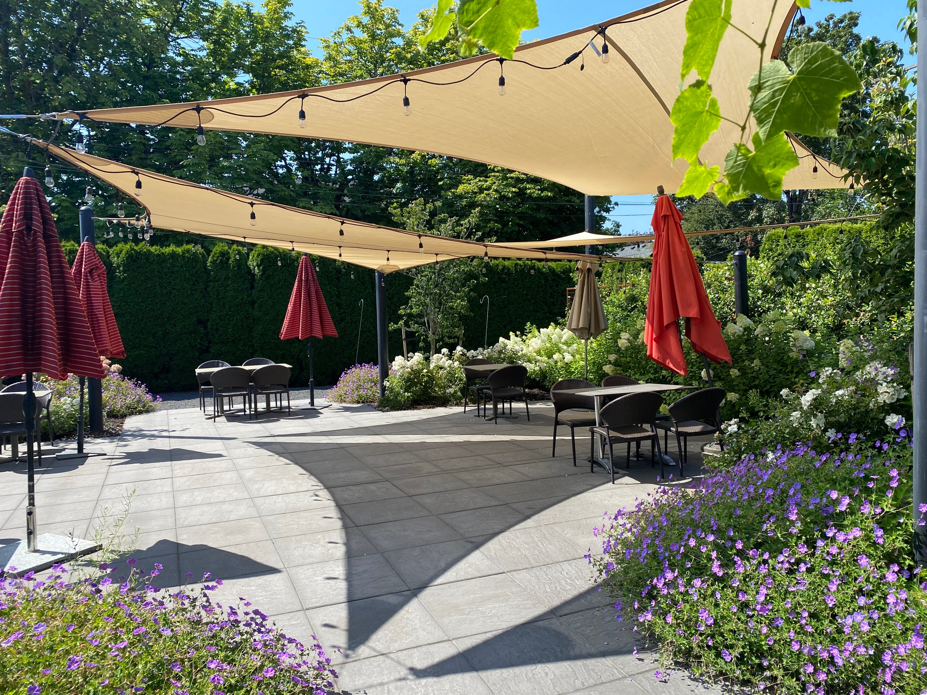 The sunny outdoor covered patio at Papa Haydn's Sellwood lunch and dinner restaurant