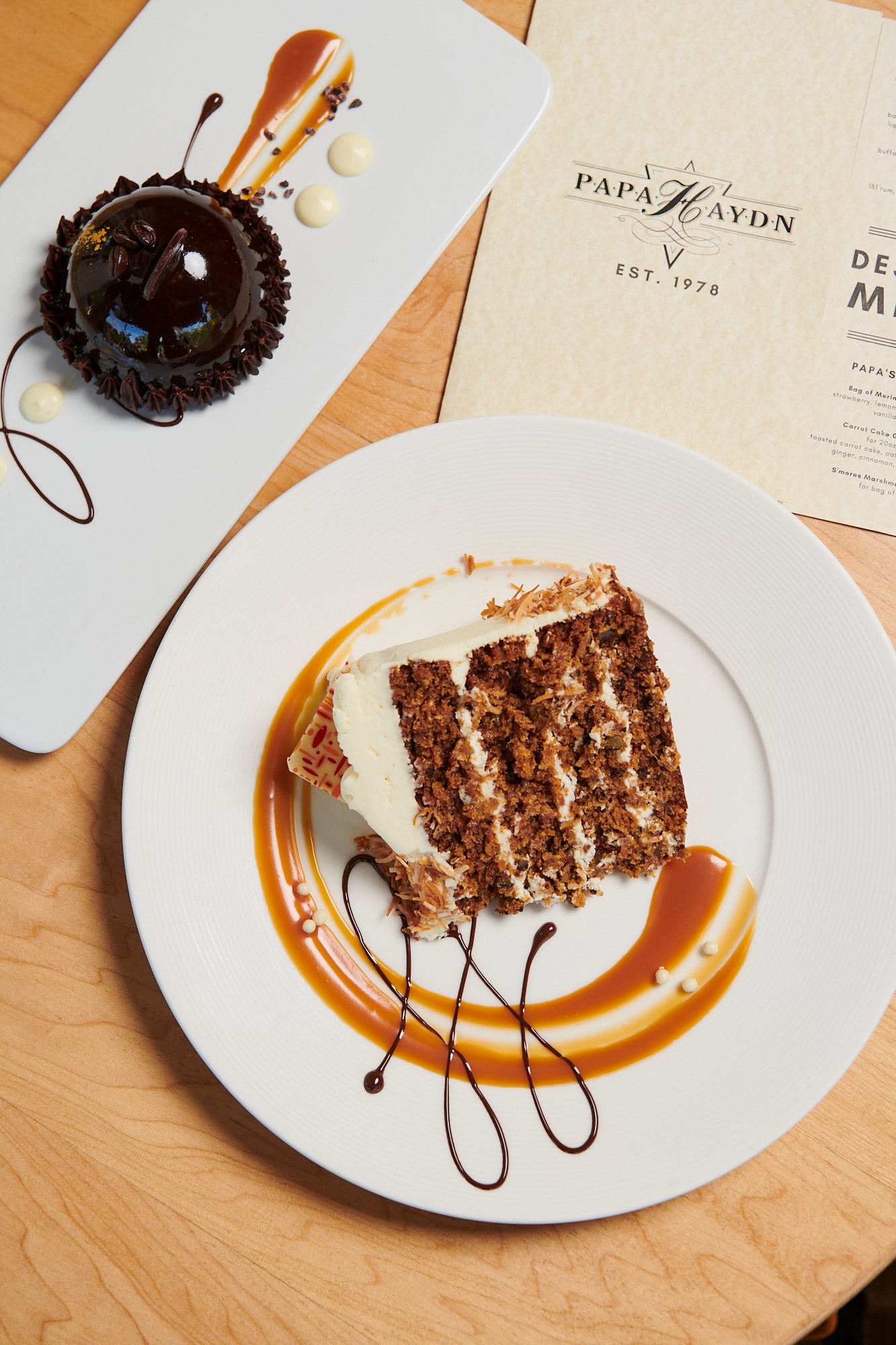 A slice of Papa Haydn's Carrot Cake and the Café au Chocolat